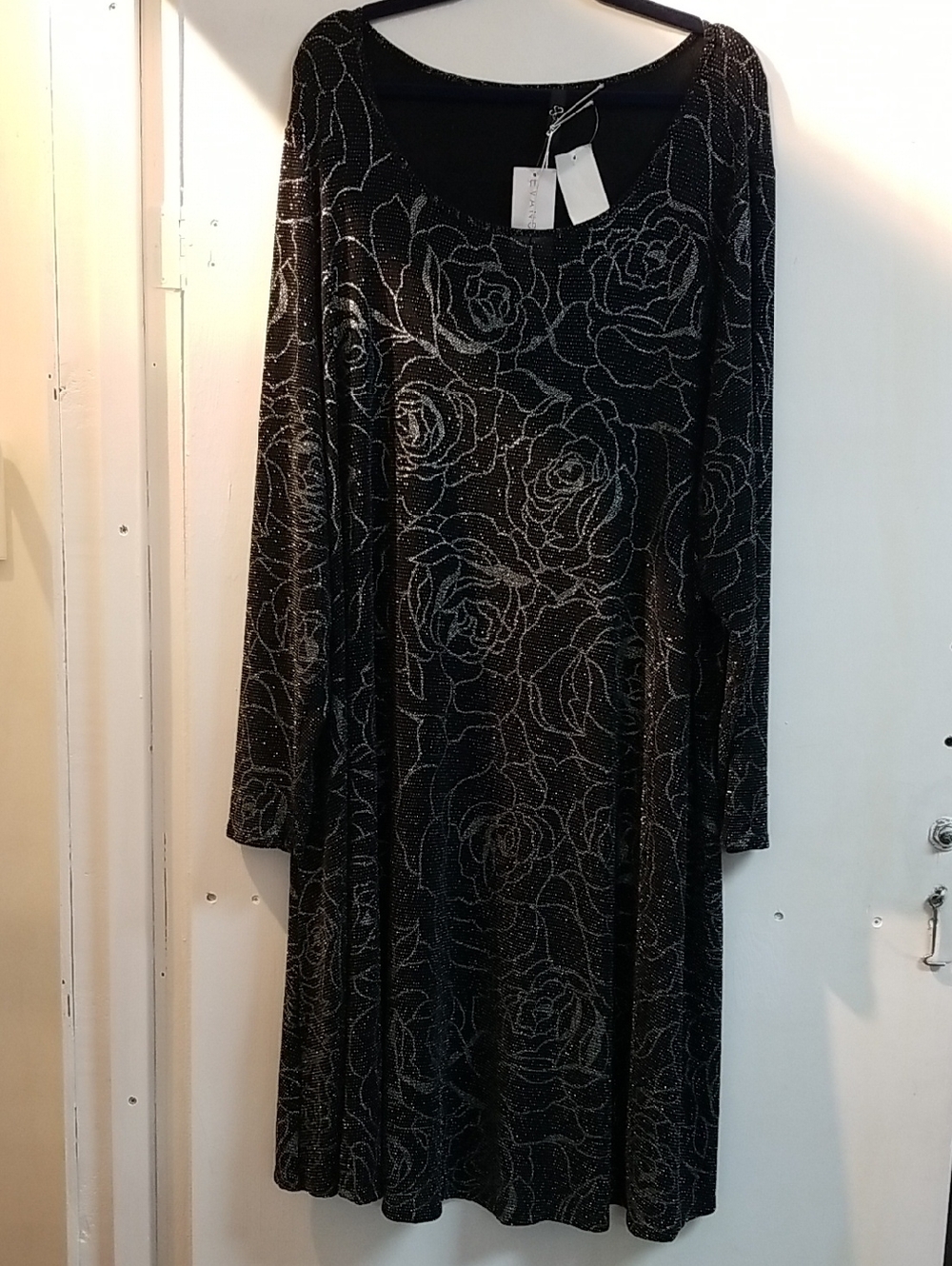 Long-Sleeve Black Dress with Silver Rose Detail